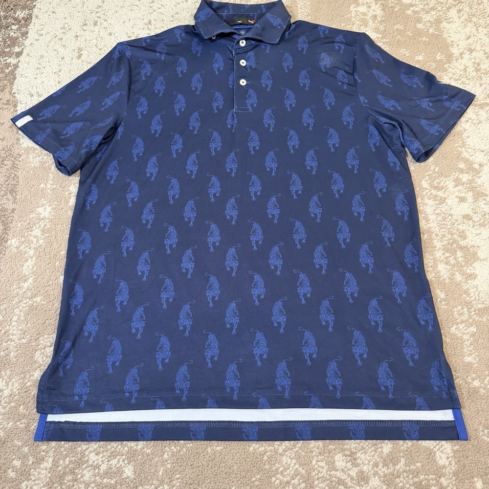 RLX Ralph Lauren Polo Shirt Mens Medium Blue Tiger Windsong Farm Golf Wicking